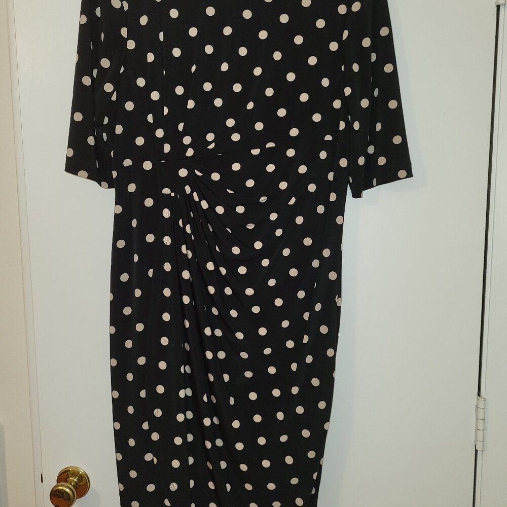 Connected Apparel Black/Tan Polka Dot Dress, Size 14. Faux front skirting.